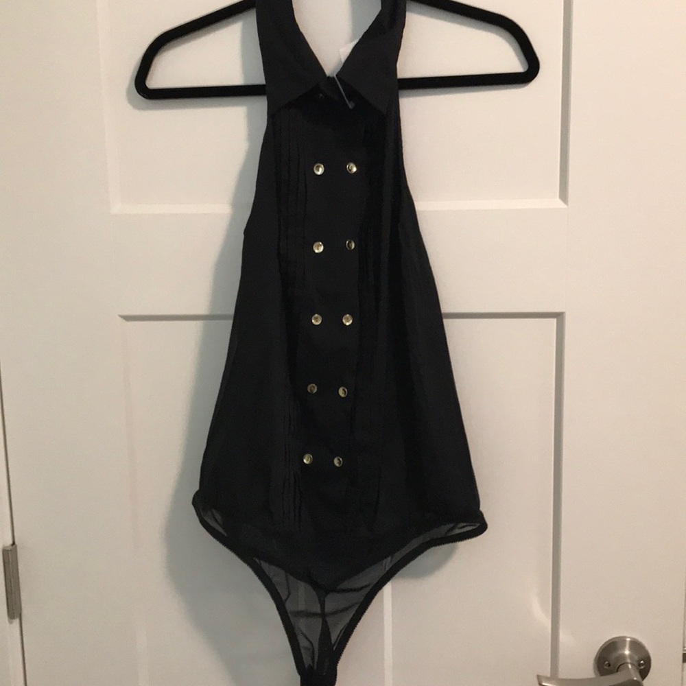 Black tuxedo style sleeveless bodysuit
